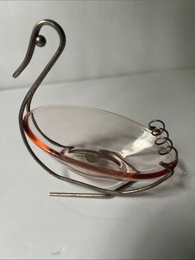 Vintage Pink Glass Swan Jewelry Dish with Silver-Tone Stand